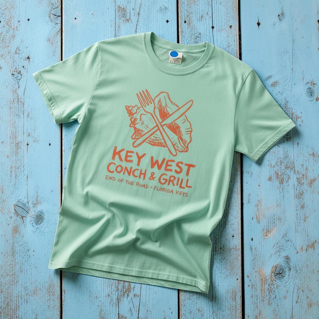 Conch &amp; Grill Tee — Mint Green / Orange Graphic on Sand Rug