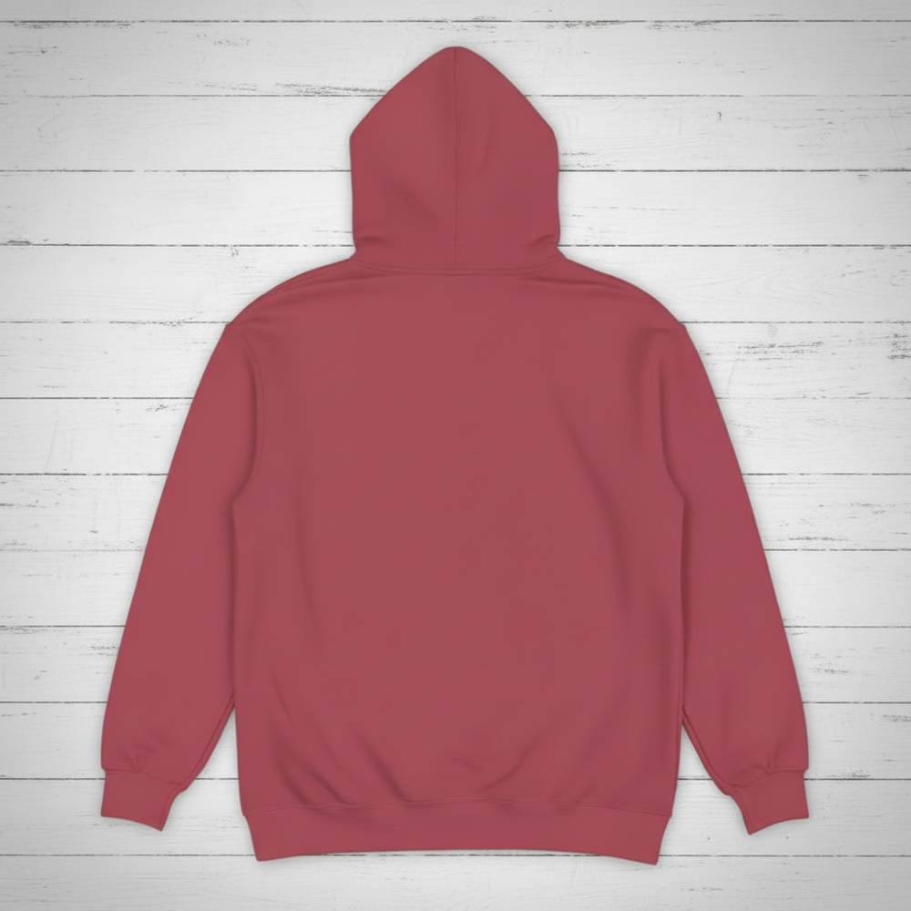 Crimson hoodie back on whitewashed boards