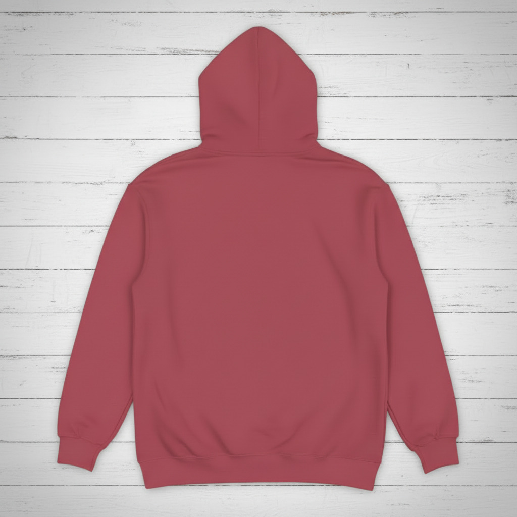 Crimson hoodie back on whitewashed boards