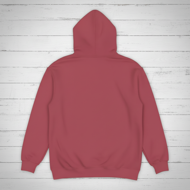 Crimson hoodie back on whitewashed boards