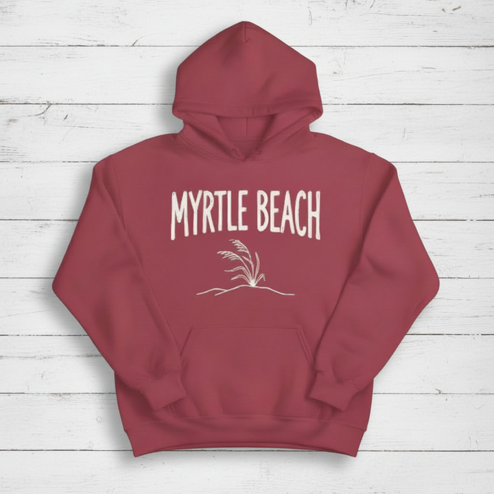Crimson hoodie front on whitewashed boards