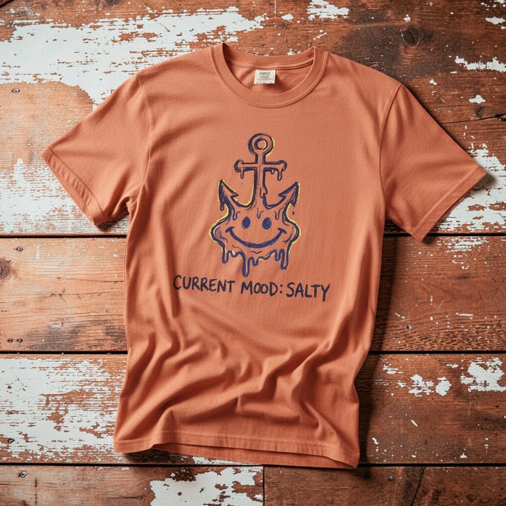 Salty Anchor Current Mood Salty graphic t-shirt in Terracotta rust coastal lifestyle product photo
