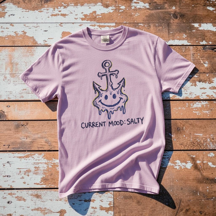 Salty Anchor Current Mood Salty graphic t-shirt in Orchid lavender coastal lifestyle product photo