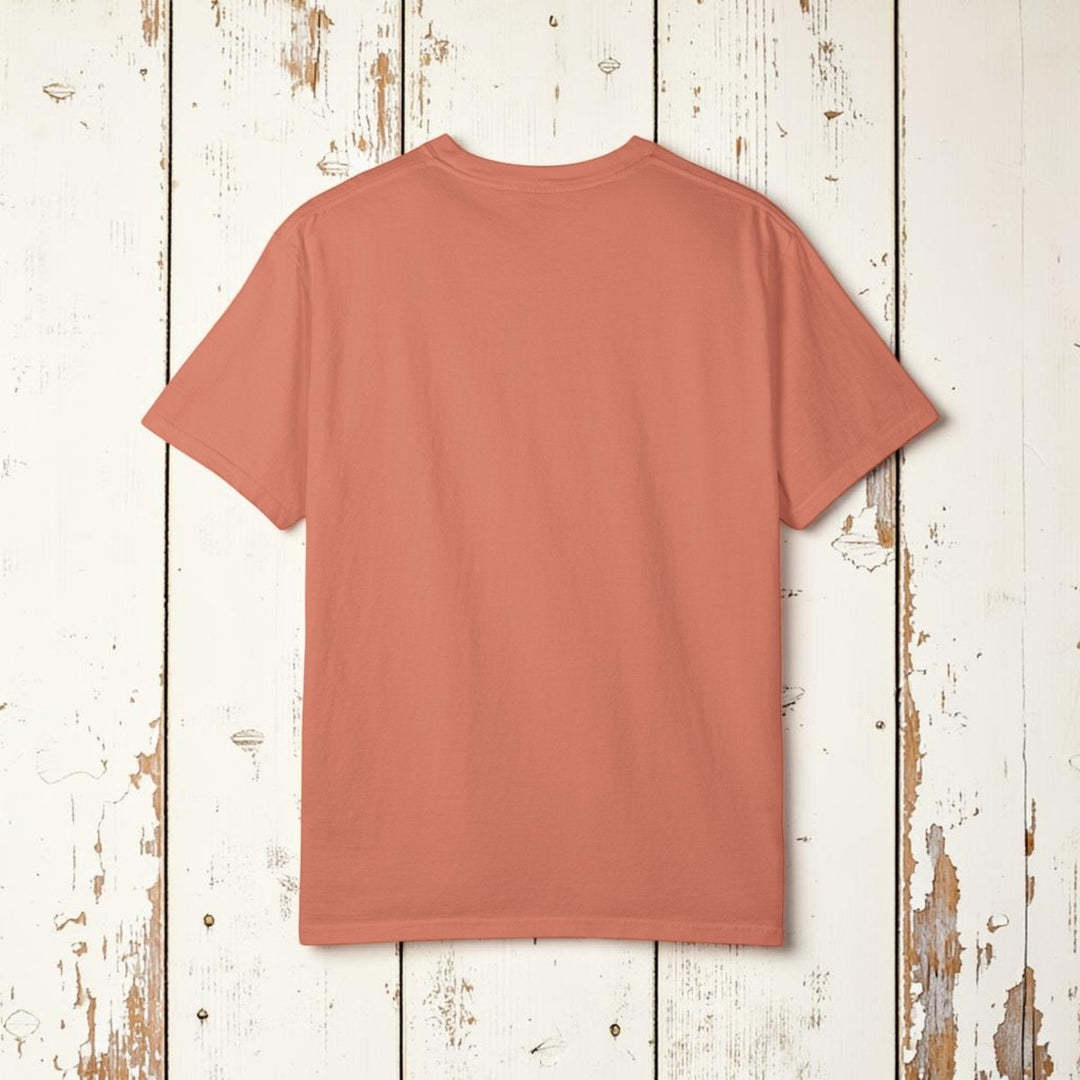 Back view of a plain terracotta t-shirt on a white background