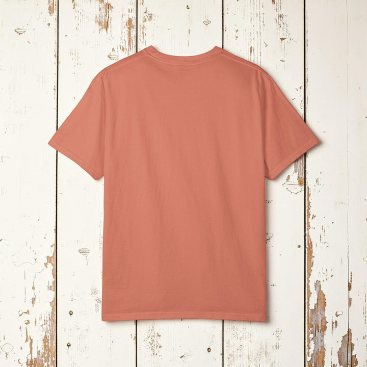 Back view of a plain terracotta t-shirt on a white background