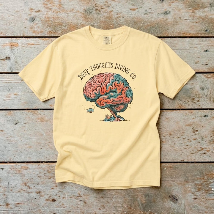 FIVE TIDES APPAREL banana yellow garment-dyed cotton t-shirt with a brain coral graphic and Deep Thoughts Diving Co text