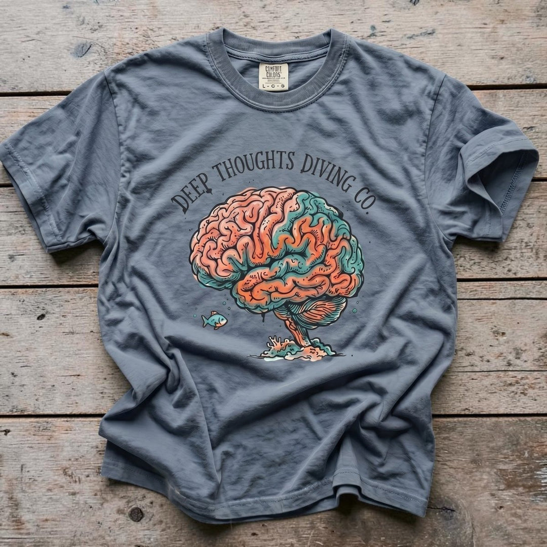 FIVE TIDES APPAREL blue jean garment-dyed cotton t-shirt featuring a brain coral graphic with a small fish.