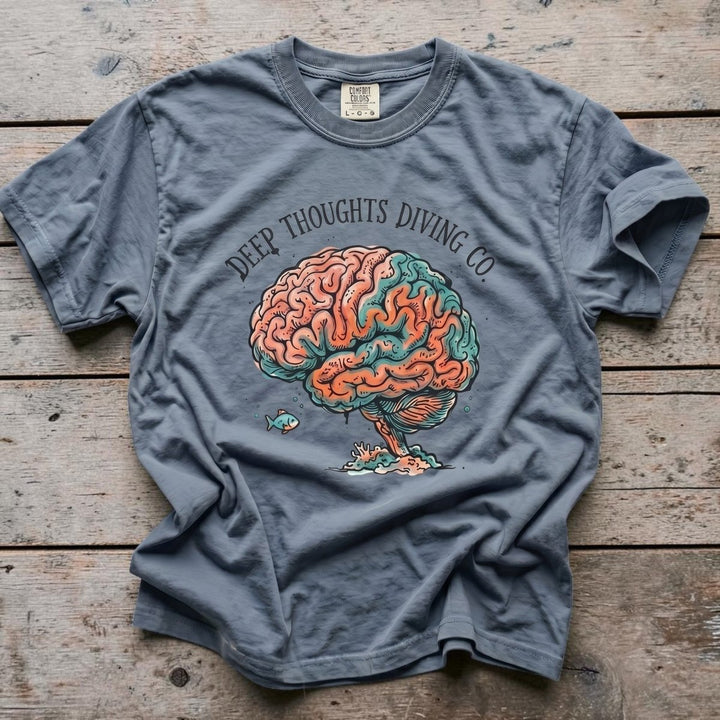 FIVE TIDES APPAREL blue jean garment-dyed cotton t-shirt featuring a brain coral graphic with a small fish.