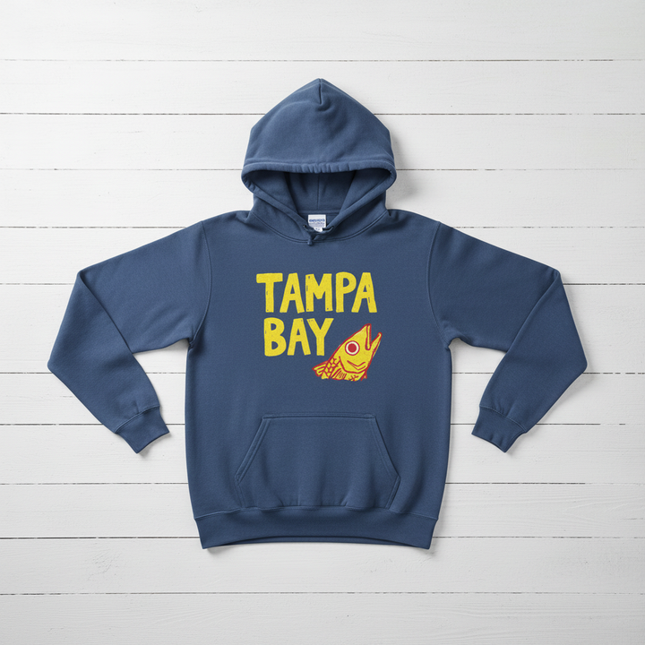 Denim blue Tampa Bay hoodie front flat lay, retake