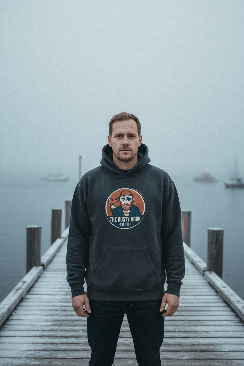 Male model wearing The Rusty Hook Garment-Dyed Hoodie in Pepper on a moody Maine winter coastal dock
