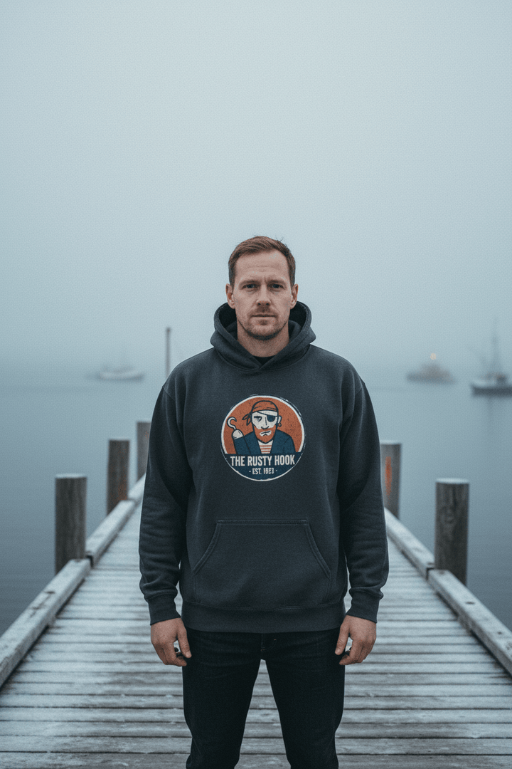 Male model wearing The Rusty Hook Garment-Dyed Hoodie in Pepper on a moody Maine winter coastal dock