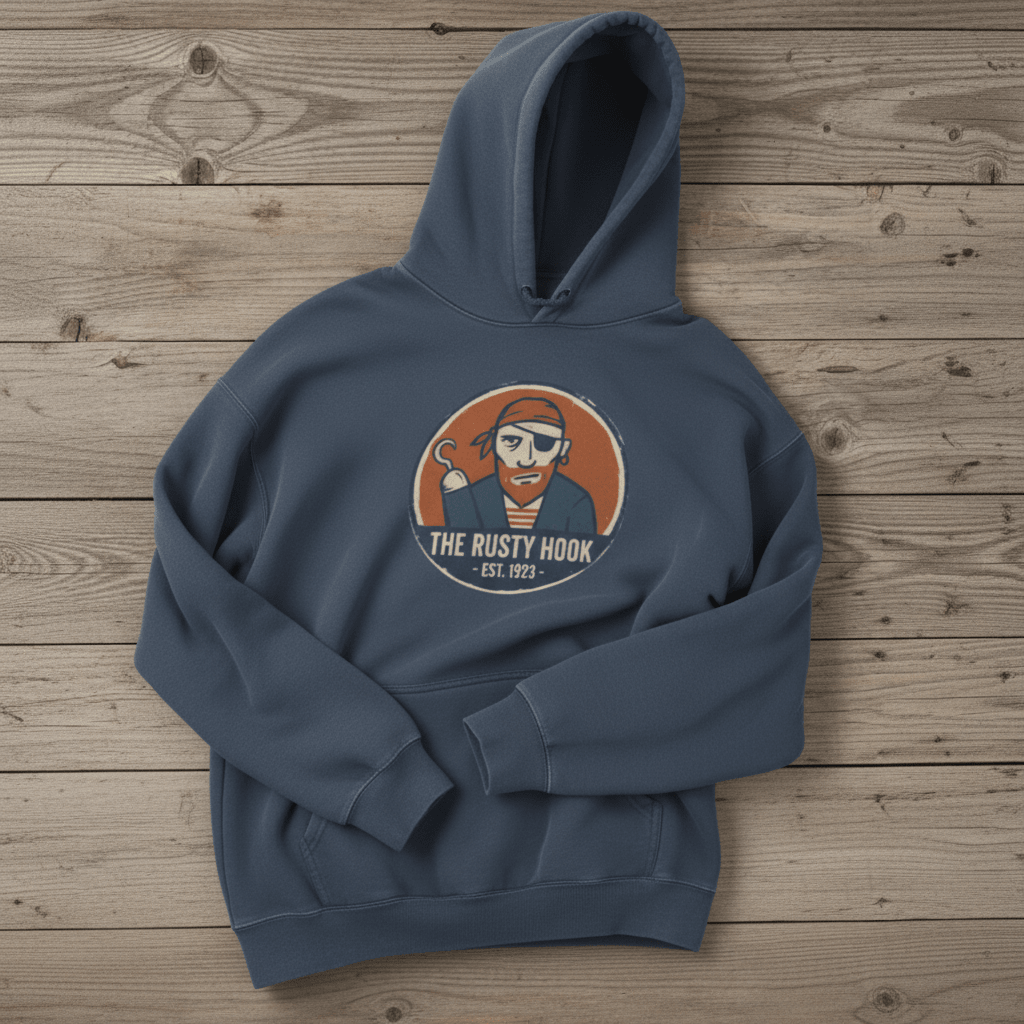 The Rusty Hook Garment-Dyed Hoodie in Steel Blue — vintage pirate badge graphic on driftwood