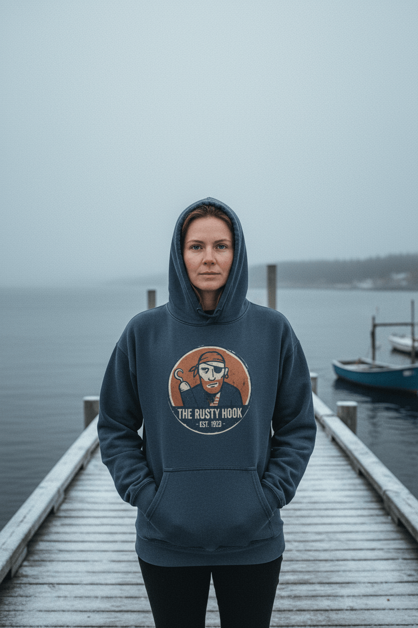 Female model wearing The Rusty Hook Garment-Dyed Hoodie in Steel Blue on a moody Maine winter coastal dock