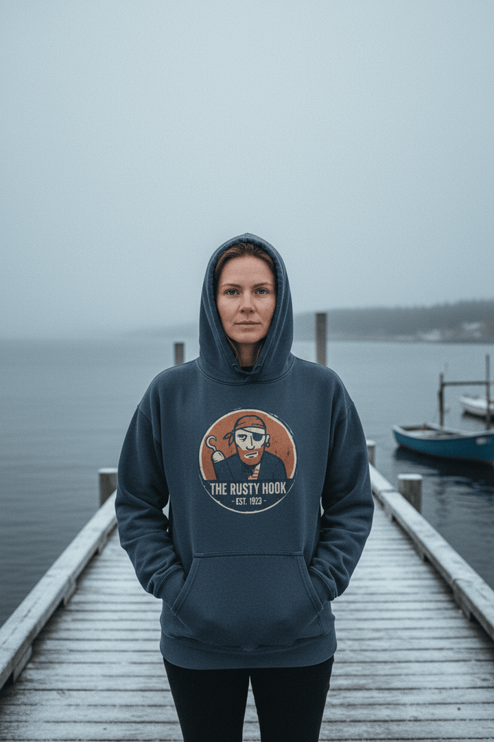Female model wearing The Rusty Hook Garment-Dyed Hoodie in Steel Blue on a moody Maine winter coastal dock