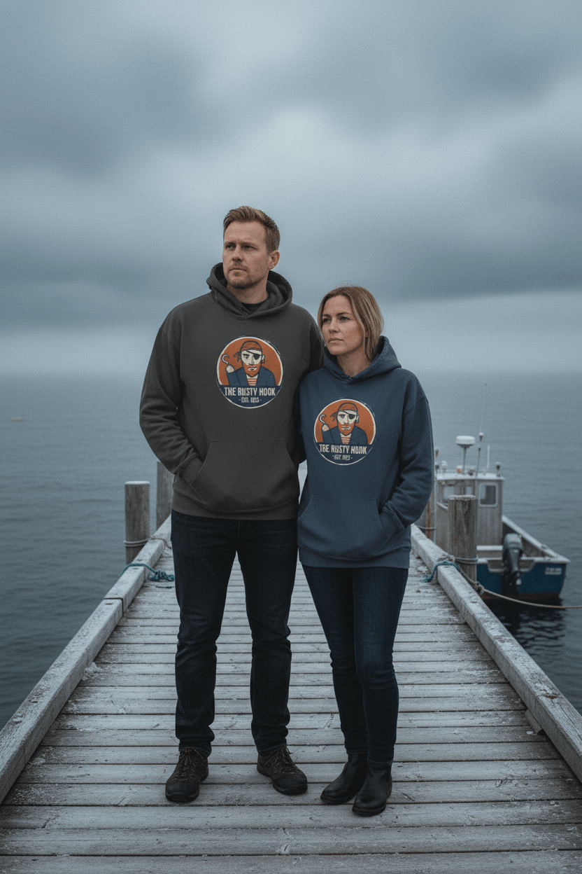 Couple wearing The Rusty Hook Garment-Dyed Hoodies in Pepper and Steel Blue on a moody Maine winter coastal dock