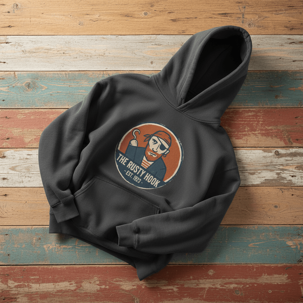 The Rusty Hook Garment-Dyed Hoodie in Pepper — vintage pirate badge graphic on driftwood