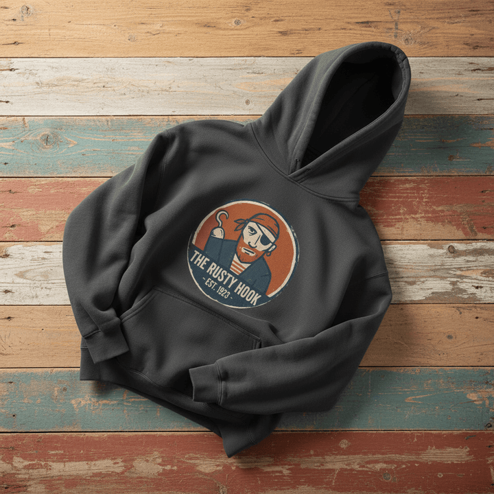 The Rusty Hook Garment-Dyed Hoodie in Pepper — vintage pirate badge graphic on driftwood