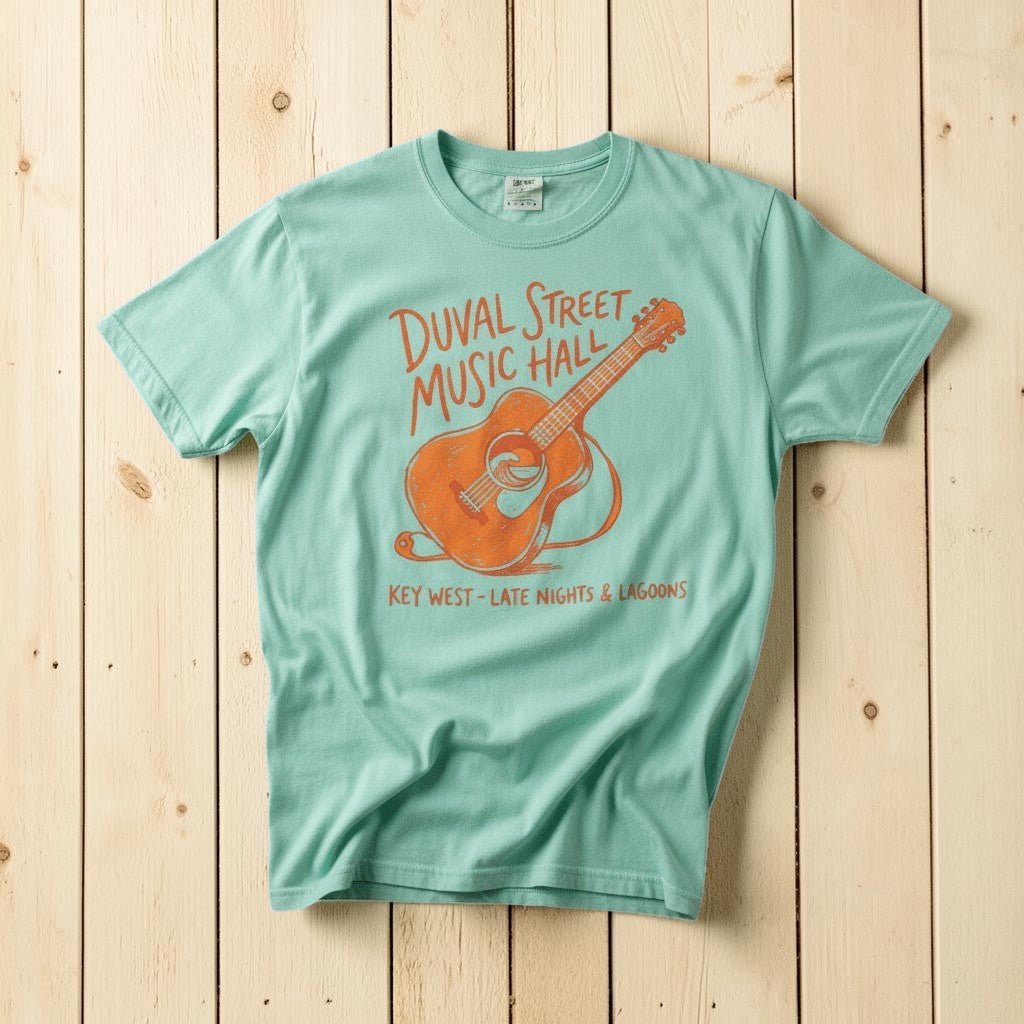 Duval Street Music Hall guitar graphic t-shirt in Island Reef seafoam Key West lifestyle product photo