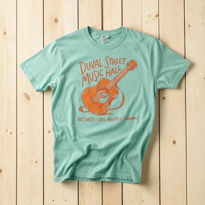 Duval Street Music Hall guitar graphic t-shirt in Island Reef seafoam Key West lifestyle product photo