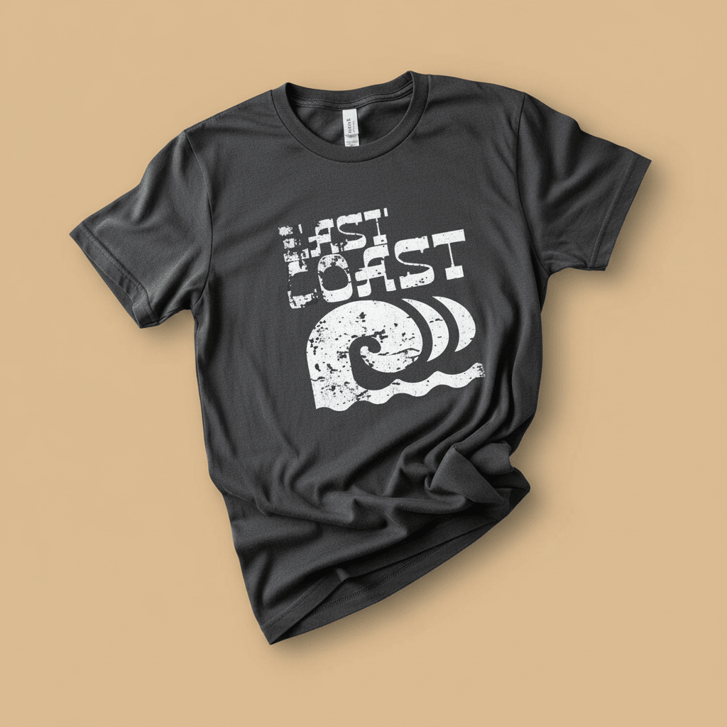 East Coast Tee in Pepper/Charcoal — front graphic, warm sand studio background