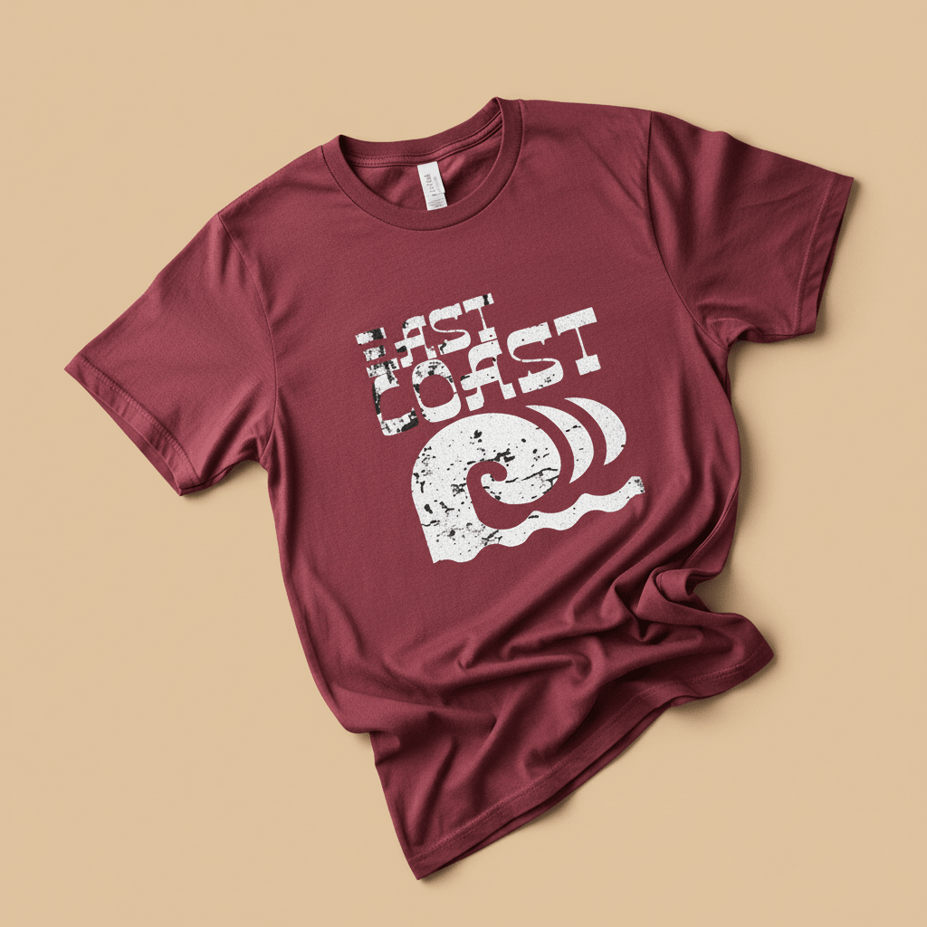 East Coast Tee in Chili/Crimson — front graphic, warm sand studio background