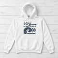 White East Coast Waves hoodie front flat lay on whitewashed boards by Five Tides Apparel