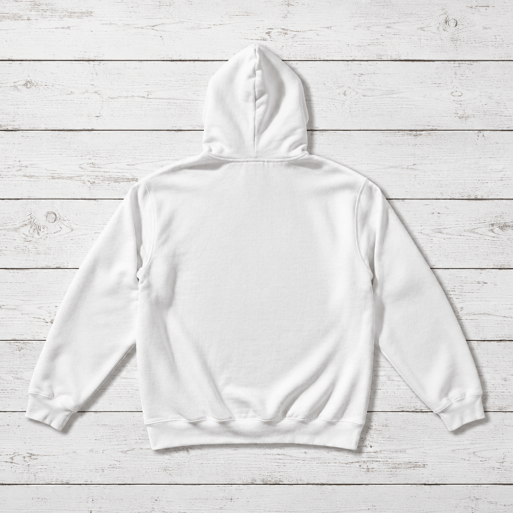 White East Coast Waves hoodie back flat lay on whitewashed boards by Five Tides Apparel