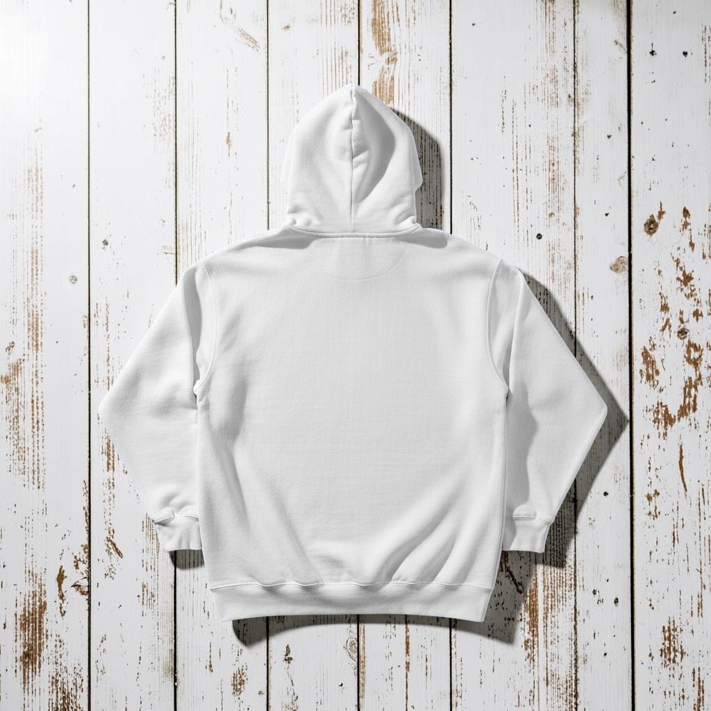 East Coast Hoodie in White — plain back, warm sand studio background