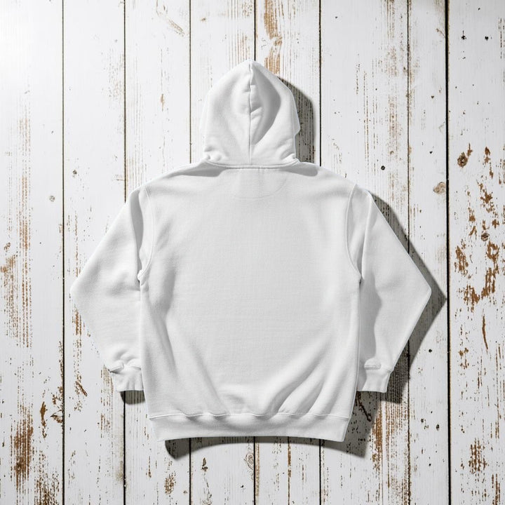 East Coast Hoodie in White — plain back, warm sand studio background