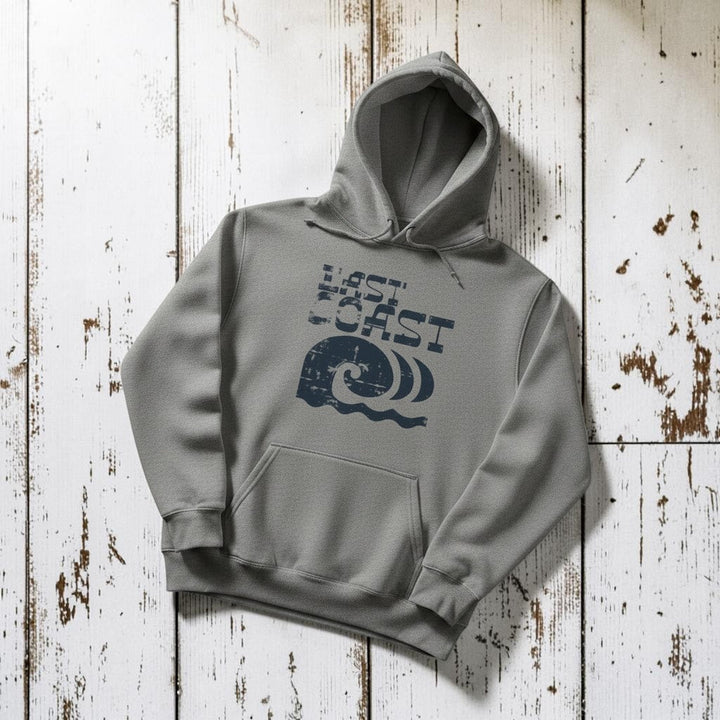 East Coast Hoodie in Medium Grey — front graphic, warm sand studio background