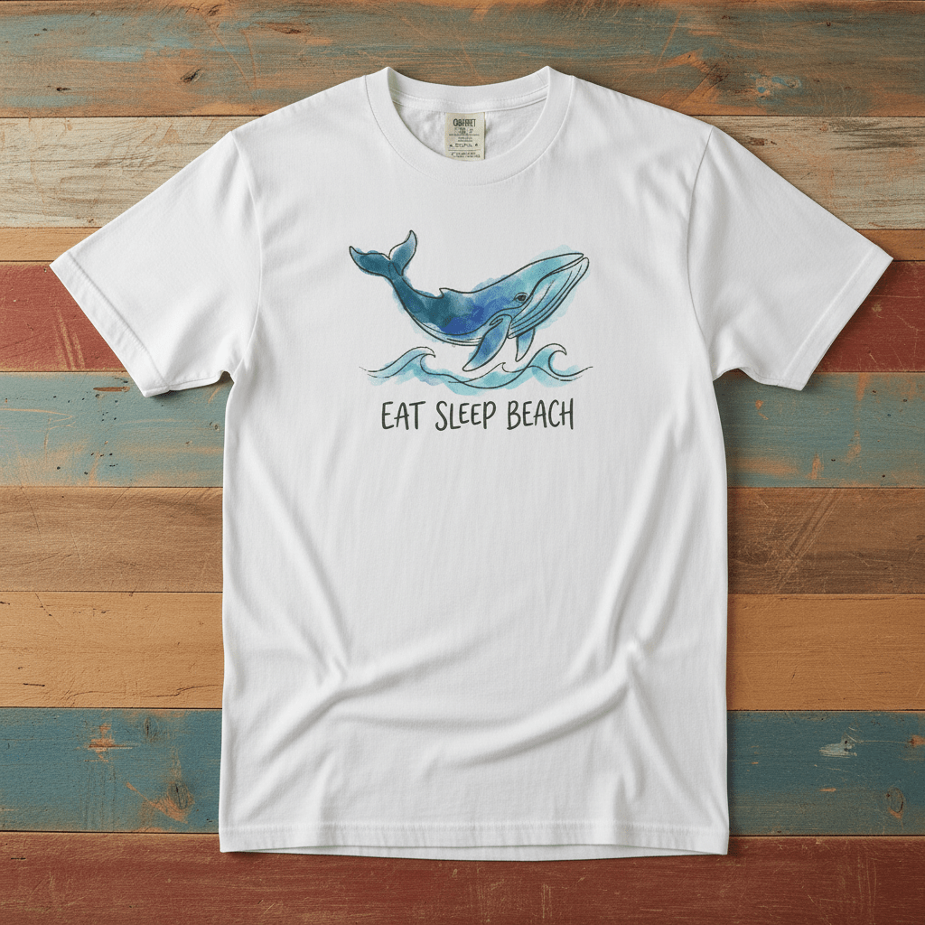 Flat lay - white Eat Sleep Beach tee with Comfort Colors label on weathered driftwood planks