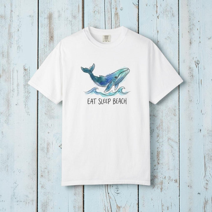 White t-shirt with a whale graphic and &
