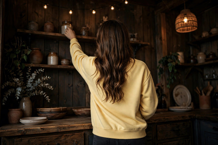 Driftwood Beach Sweatshirt — in the Five Tides room, female back