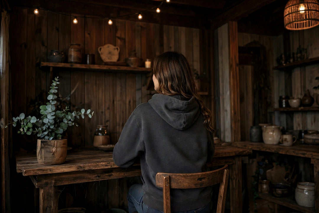 The Rusty Hook Hoodie — in the Five Tides room, female back