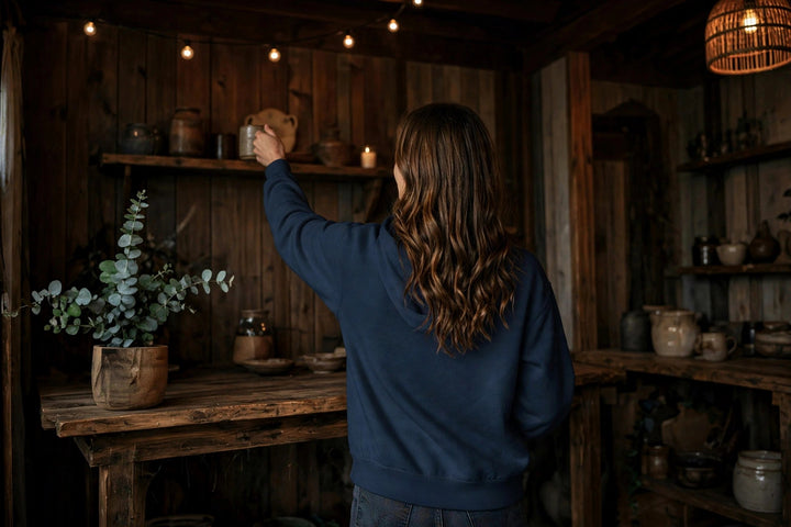 Salt Rooted Oyster Hoodie — in the Five Tides room, female back