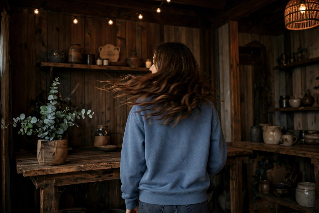 Nags Head Sweatshirt — in the Five Tides room, female back