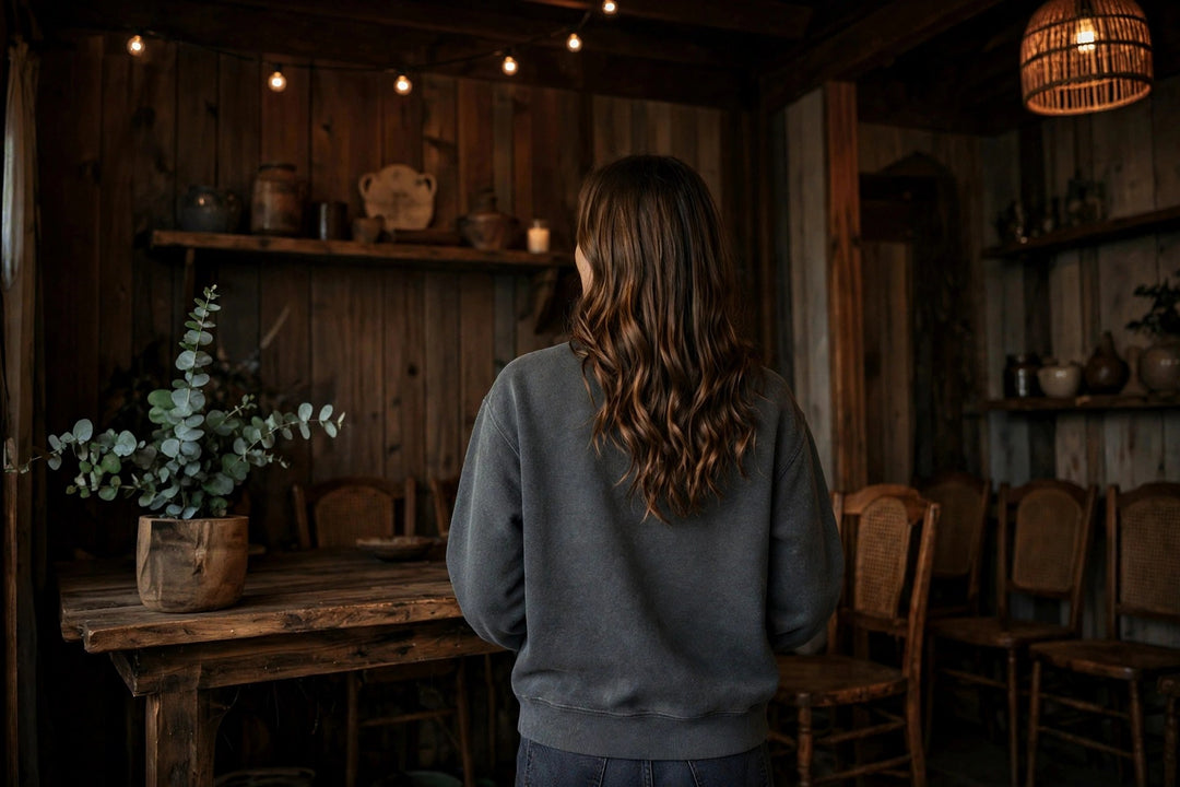 Encinitas Sweatshirt — in the Five Tides room, female back