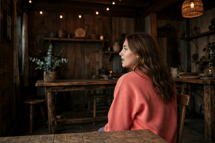Tybee Island Sweatshirt — in the Five Tides room, female back