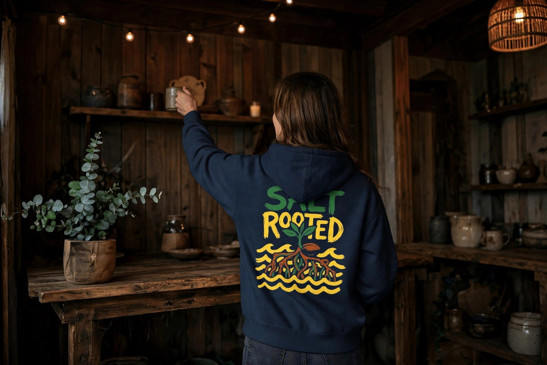 Salt Rooted Hoodie — in the Five Tides room, female back