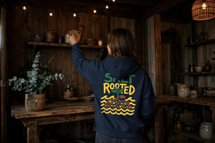 Salt Rooted Hoodie — in the Five Tides room, female back
