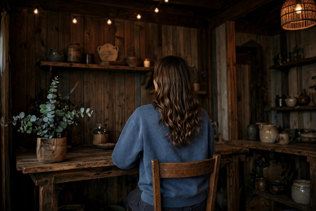 Montauk Sweatshirt — in the Five Tides room, female back