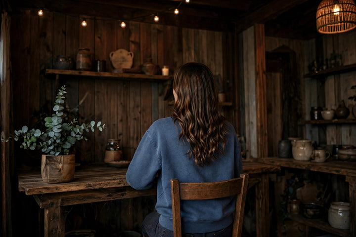 Montauk Sweatshirt — in the Five Tides room, female back