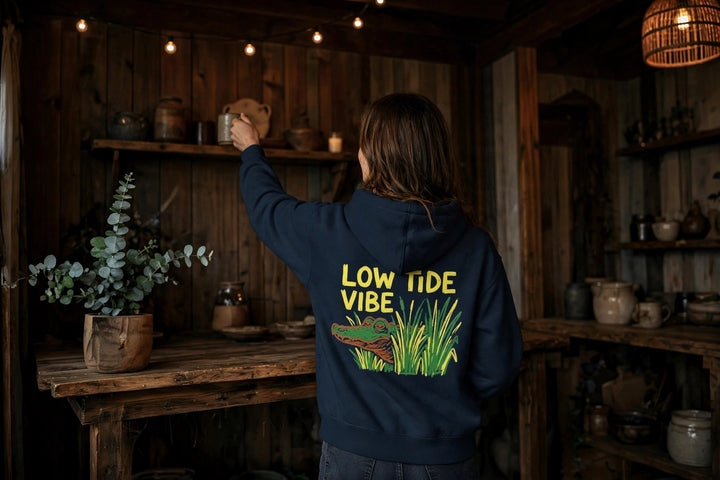 Low Tide Vibe Alligator Hoodie — in the Five Tides room, female back
