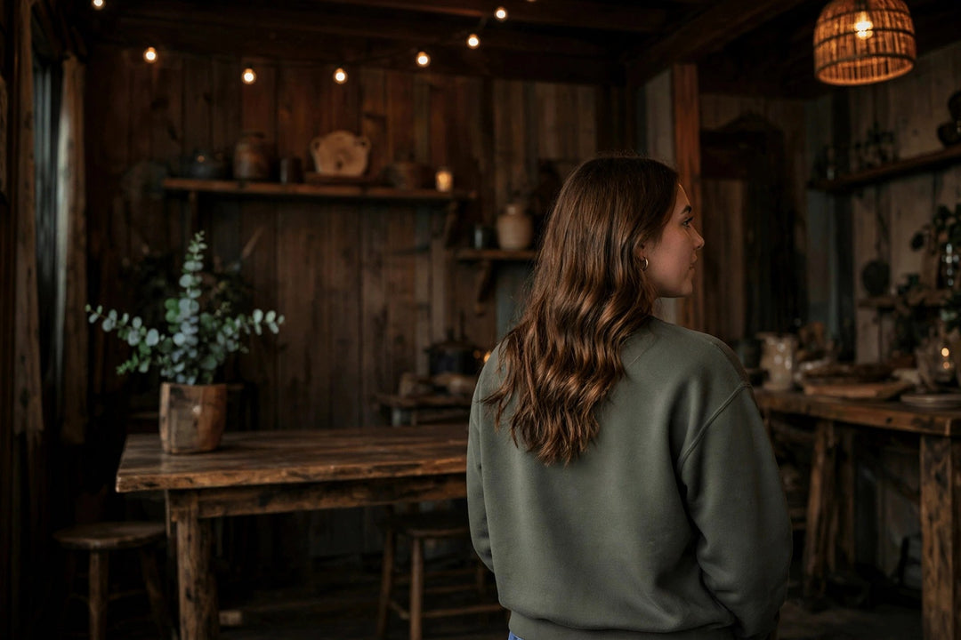 Lobster Sweatshirt — in the Five Tides room, female back