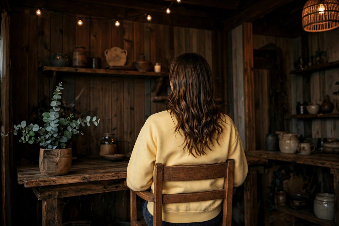 Salt Rooted Conch Shell Sweatshirt — in the Five Tides room, female back