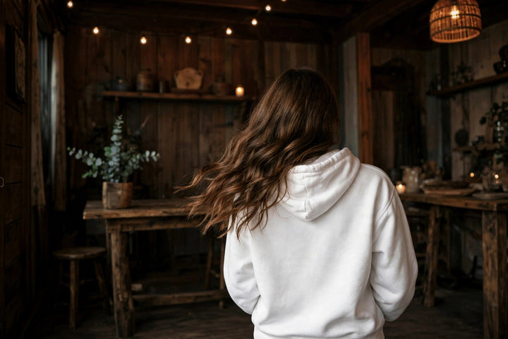 East Coast Waves Hoodie — in the Five Tides room, female back
