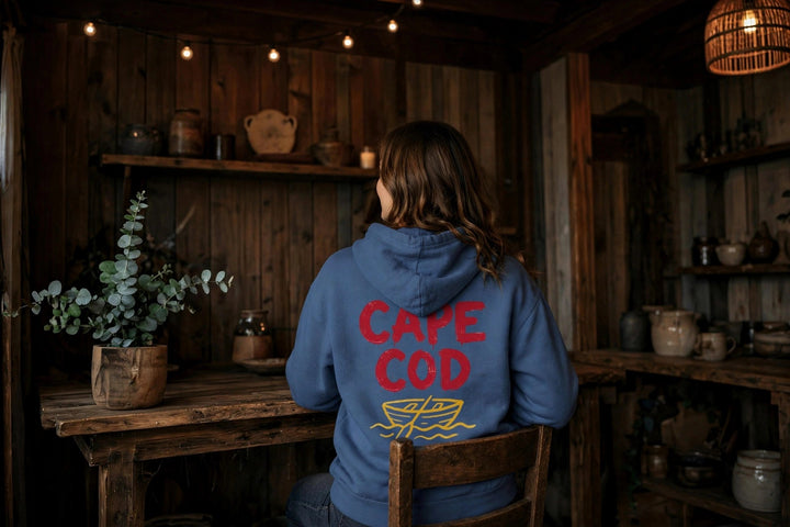 Cape Cod Hoodie — in the Five Tides room, female back