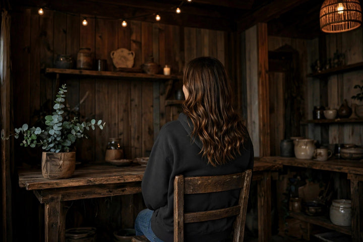 Hatteras Lighthouse Hoodie — in the Five Tides room, female back