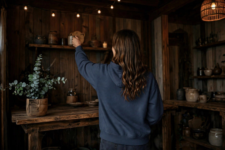 Montauk Lobster Claw Hoodie — in the Five Tides room, female back