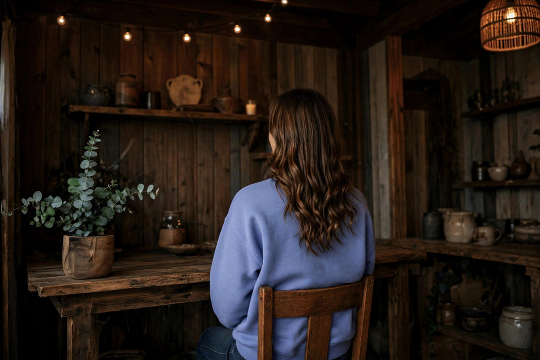 Dawn Sweatshirt — in the Five Tides room, female back